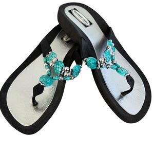 Southwest Studio Womens Turquoise Beaded Flip Flop Sandals Black Silver 10